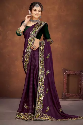 Purple color embroidered rimzhim patta saree with banglori silk blouse