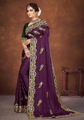 Purple color embroidered rimzhim patta saree with banglori silk blend blouse 2