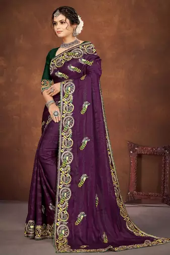 Purple color embroidered rimzhim patta saree with banglori silk blend blouse