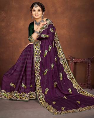Purple color embroidered rimzhim patta saree with banglori silk blend blouse 3