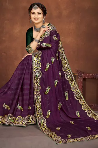 Purple color embroidered rimzhim patta saree with banglori silk blend blouse