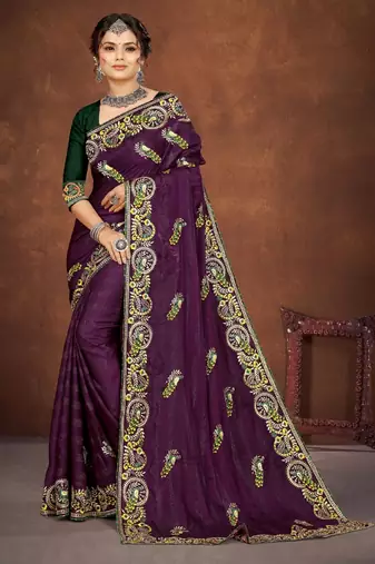 Purple color embroidered rimzhim patta saree with banglori silk blend blouse