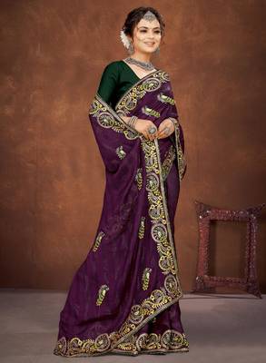 Purple color embroidered rimzhim patta saree with banglori silk blend blouse 5