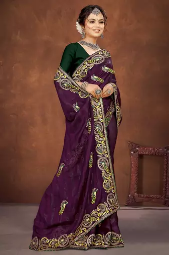 Purple color embroidered rimzhim patta saree with banglori silk blend blouse