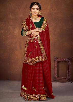 Red color embroidered rimzhim patta saree with banglori silk blend blouse 1