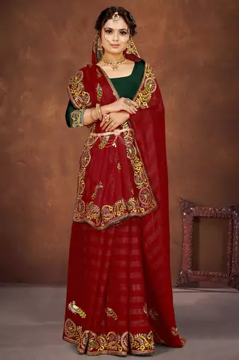 Red color embroidered rimzhim patta saree with banglori silk blouse