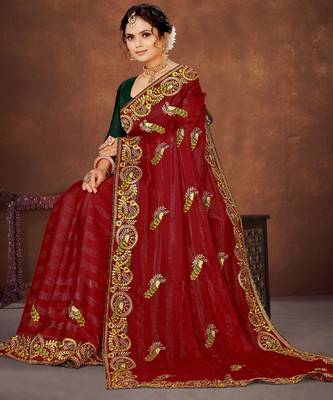 Red color embroidered rimzhim patta saree with banglori silk blend blouse 2
