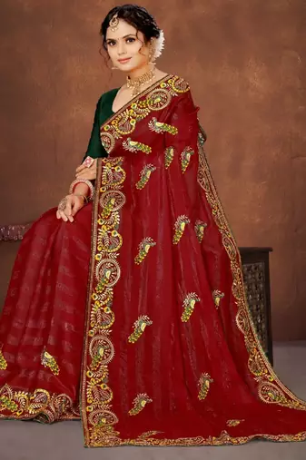 Red color embroidered rimzhim patta saree with banglori silk blend blouse