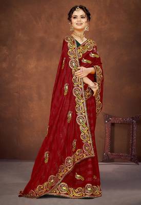 Red color embroidered rimzhim patta saree with banglori silk blend blouse 3