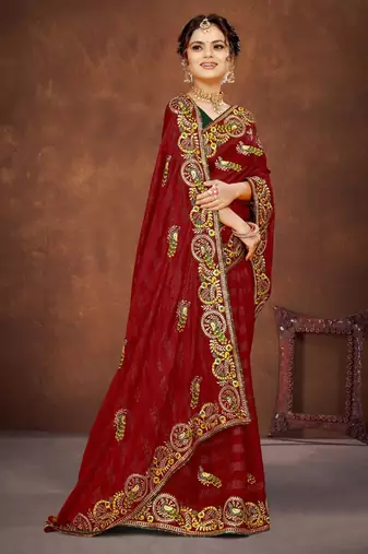Red color embroidered rimzhim patta saree with banglori silk blend blouse