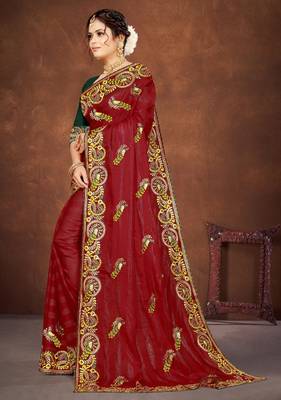 Red color embroidered rimzhim patta saree with banglori silk blend blouse 4