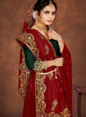 Red color embroidered rimzhim patta saree with banglori silk blend blouse 5