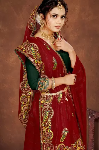 Red color embroidered rimzhim patta saree with banglori silk blend blouse