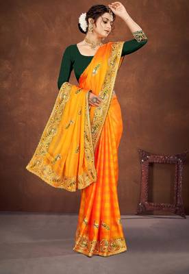 Yellow color embroidered rimzhim patta saree with banglori silk blend blouse 1