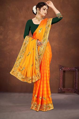 Yellow color embroidered rimzhim patta saree with banglori silk blouse
