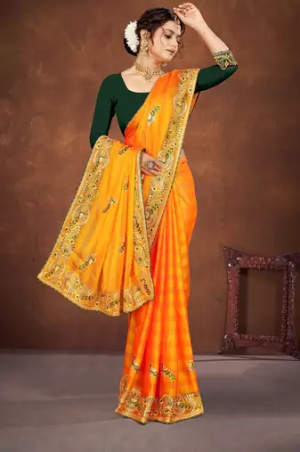 Yellow color embroidered rimzhim patta saree with banglori silk blouse