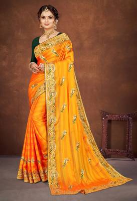 Yellow color embroidered rimzhim patta saree with banglori silk blend blouse 2