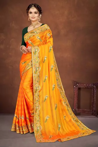 Yellow color embroidered rimzhim patta saree with banglori silk blend blouse