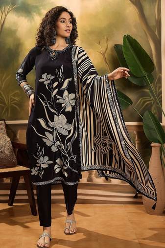 Women's black & beige floral printed kurta with trousers & dupatta