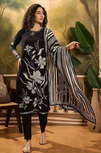 Women's black & beige floral printed kurta with trousers & dupatta
