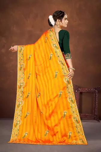 Yellow color embroidered rimzhim patta saree with banglori silk blend blouse