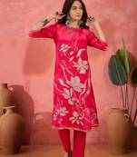 Women's dark peach & white floral printed kurta with trousers & dupatta