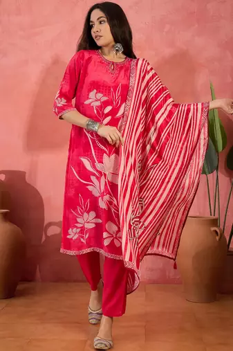 Women's dark peach & white floral printed kurta with trousers & dupatta