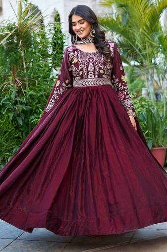 Attractive Wine Sequins Silk Festival Wear Gown With Dupatta