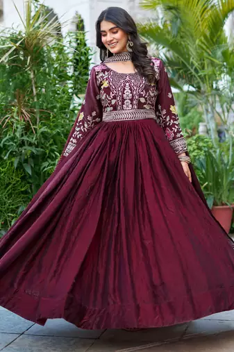 Attractive Wine Sequins Silk Festival Wear Gown With Dupatta