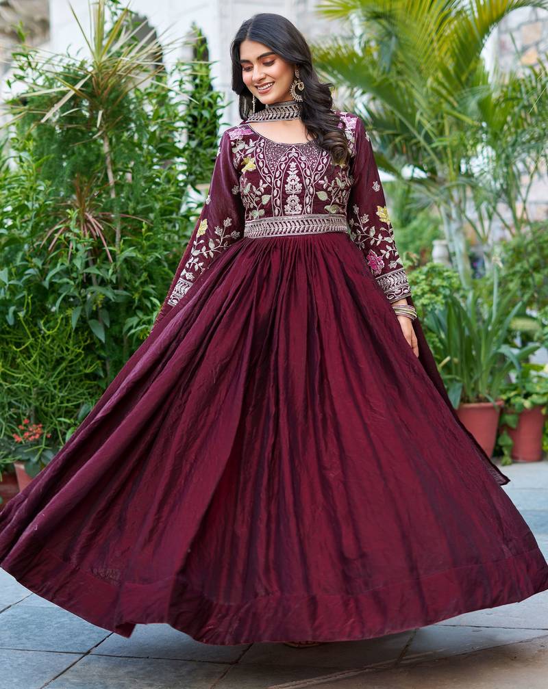 Attractive Wine Sequins Silk Festival Wear Gown With Dupatta