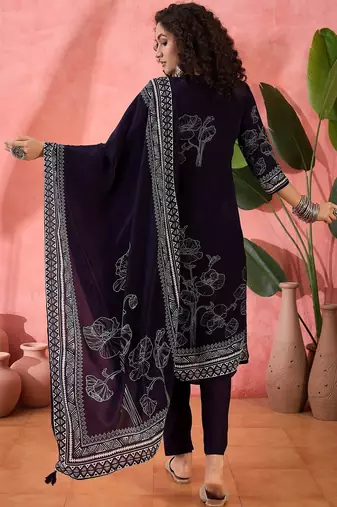 Women's navy blue & white floral printed kurta with trousers & dupatta