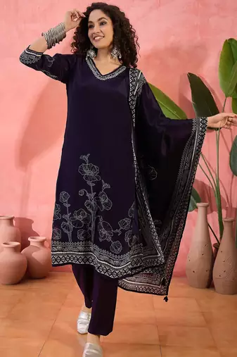 Women's navy blue & white floral printed kurta with trousers & dupatta