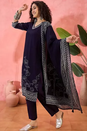 Women's navy blue & white floral printed kurta with trousers & dupatta