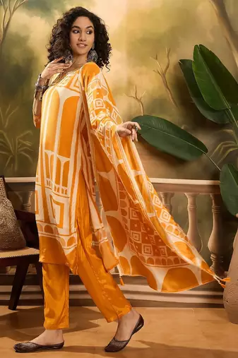 Women's mustard yellow & white geometric printed kurta with trousers & dupatta