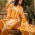 Women's mustard yellow & white geometric printed kurta with trousers & dupatta