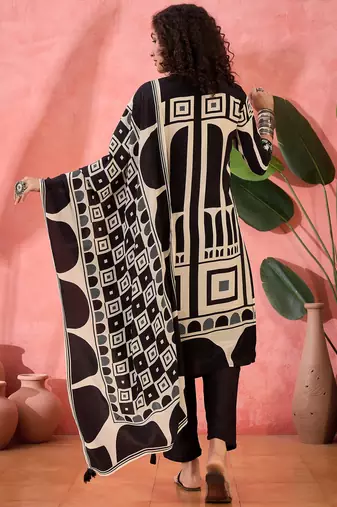 Women's black & beige geometric printed kurta with trousers & dupatta