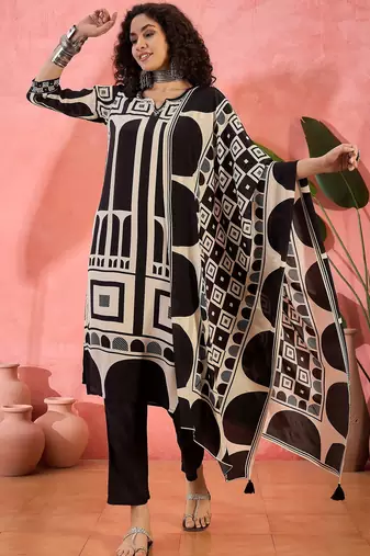 Women's black & beige geometric printed kurta with trousers & dupatta