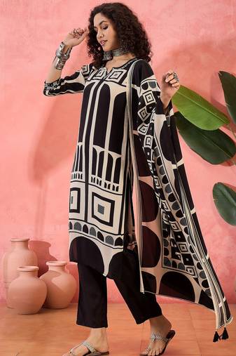 Women's black & beige geometric printed kurta with trousers & dupatta