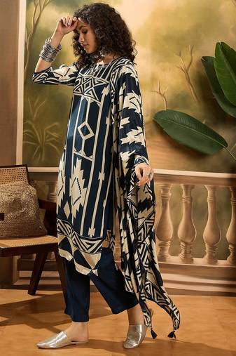 Women's dark teal blue & beige geometric printed kurta with trousers & dupatta