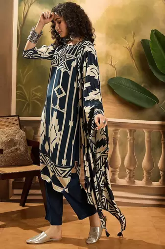 Women's dark teal blue & beige geometric printed kurta with trousers & dupatta