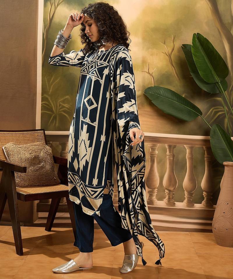 Women's dark teal blue & beige geometric printed kurta with trousers & dupatta