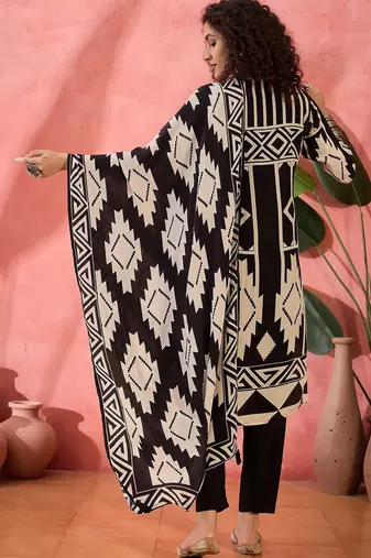 Women's black & beige geometric printed kurta with trousers & dupatta