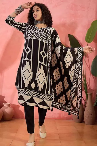 Women's black & beige geometric printed kurta with trousers & dupatta