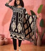 Women's black & beige geometric printed kurta with trousers & dupatta