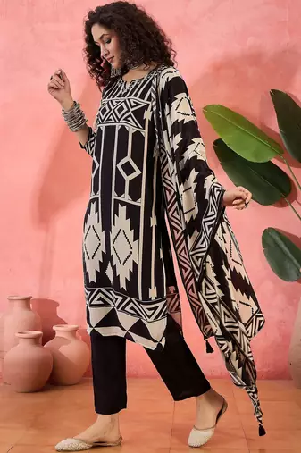 Women's black & beige geometric printed kurta with trousers & dupatta