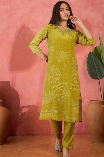 Women's lime green & white bandhani printed kurta with trousers & dupatta