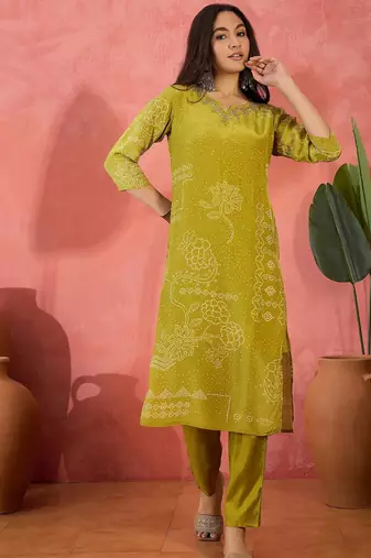 Women's lime green & white bandhani printed kurta with trousers & dupatta