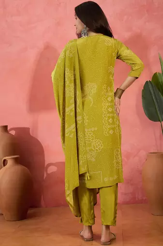 Women's lime green & white bandhani printed kurta with trousers & dupatta