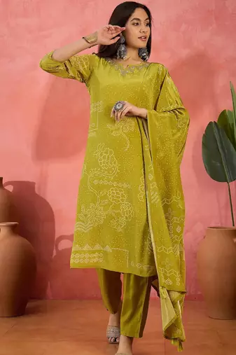 Women's lime green & white bandhani printed kurta with trousers & dupatta