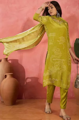 Women's lime green & white bandhani printed kurta with trousers & dupatta